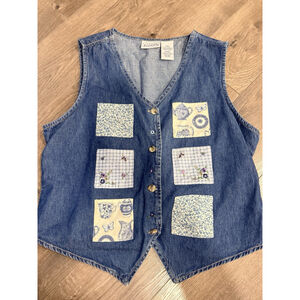 Teacup Wildflowers Vntg Patchwork Denim Vest 90s Women’s Size L Cottagecore Y2K